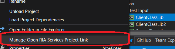 Manage OpenRiaServices Project Link Context Menu